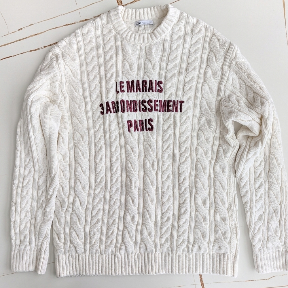 Zara Cream Cable Knit Sweater with Red Text